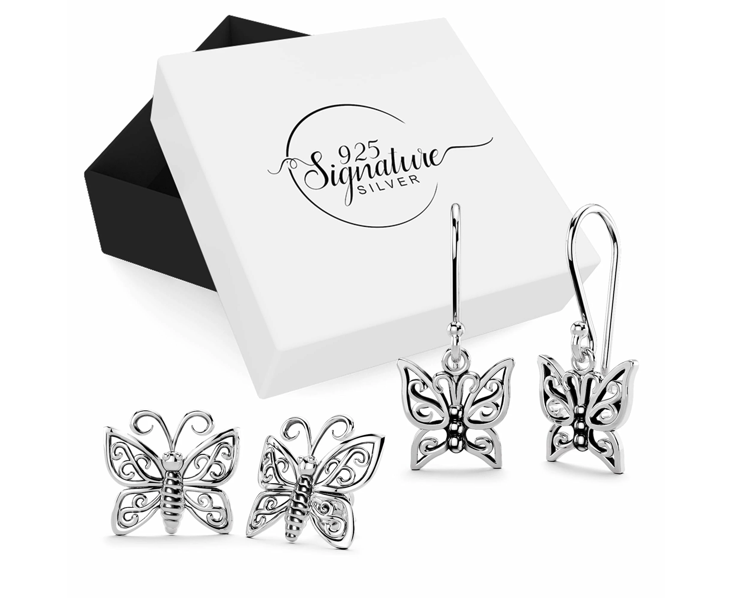 Boxed Solid 925 Signature Silver Butterfly 2 Earrings Set