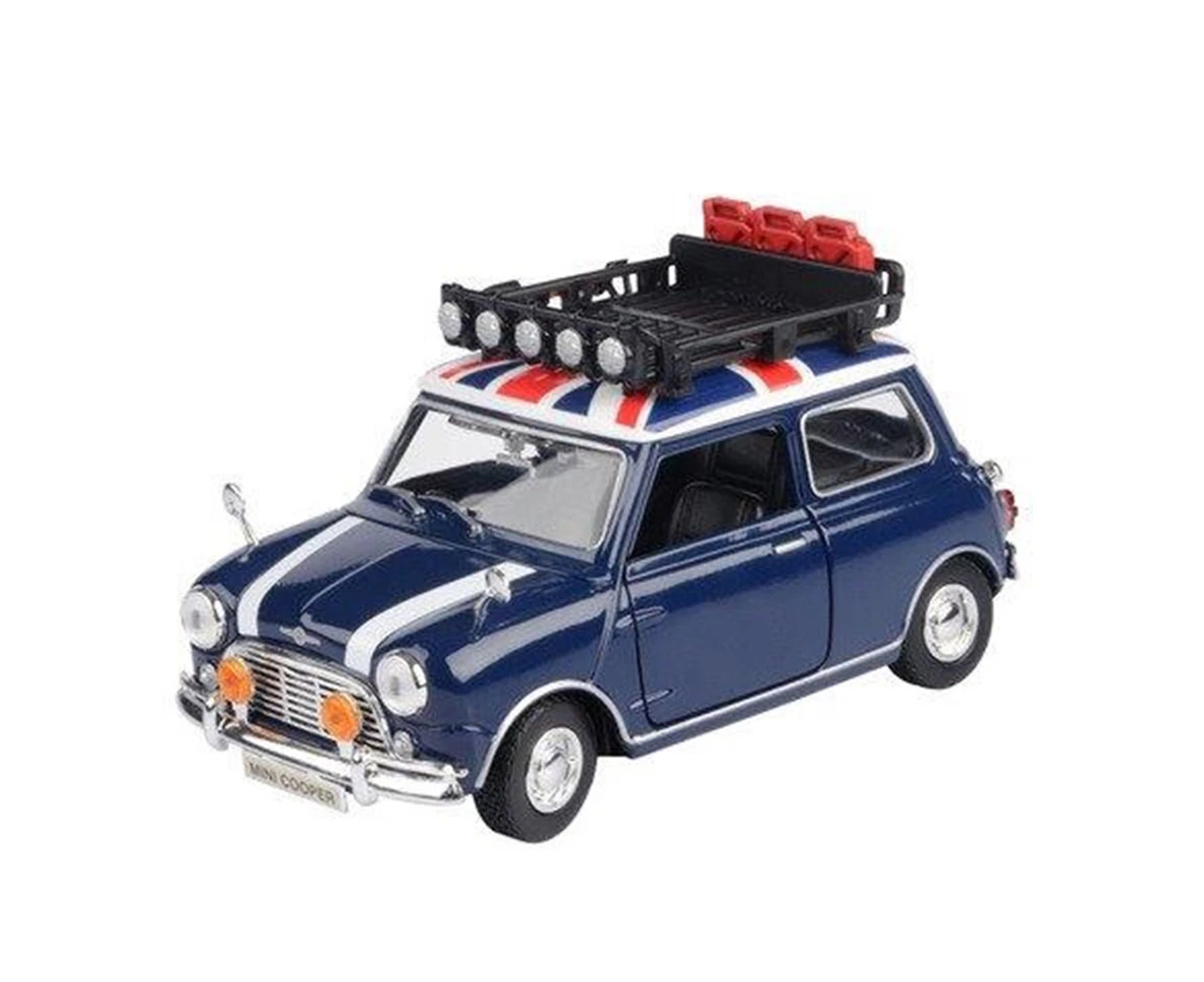 Motormax 1:18 Scale Morris Mini Cooper With Roof Rack Blue Model Car