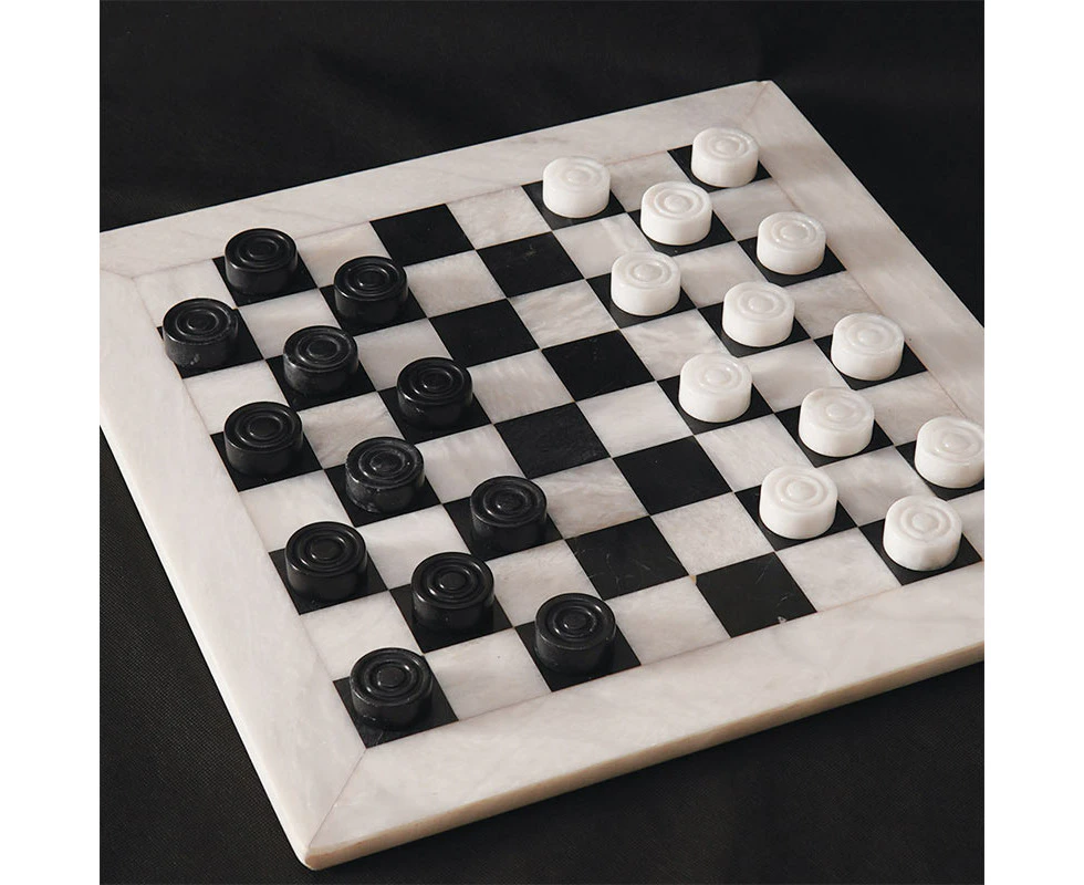 Marble Checkers Board Game 15 Inches White and Black Handmade Tournament Checker Set - Draughts Board Games