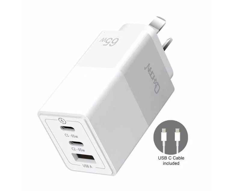 Oxhorn 65W GaN Type C fast Charger 3 Port 2xUSB-C 1xUSB-A PD3.0 QC4.0 PPS AUS Approved C-tick White with cable