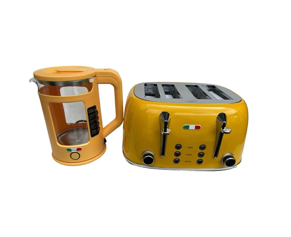 Vintage Electric 1.7L Glass Kettle and Toaster 4 Slice Combo Stainless Steel Yellow