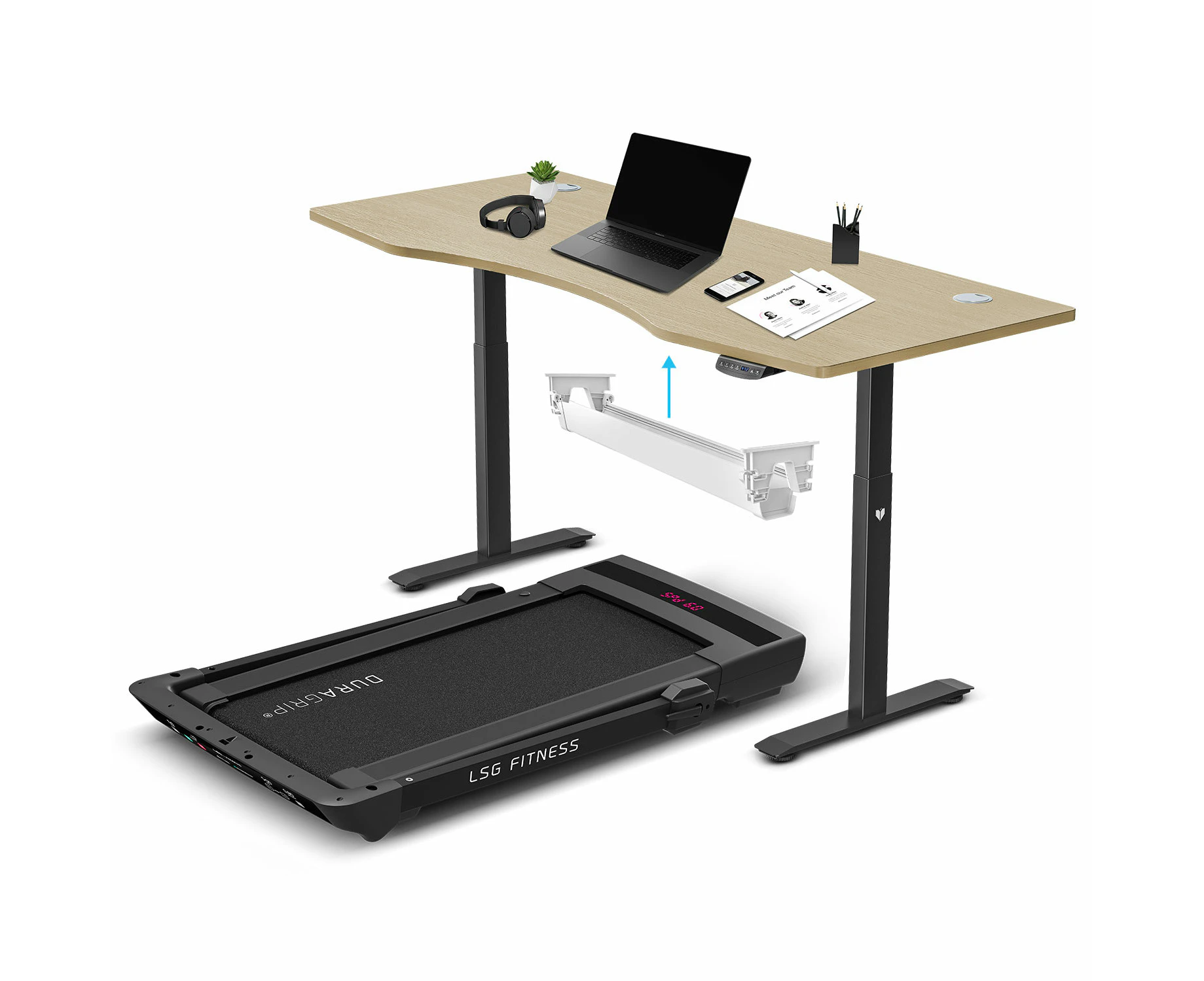 LSG Pacer M5 with Dual Motor Automatic Standing Desk 180cm in Oak/Black and Cable Management