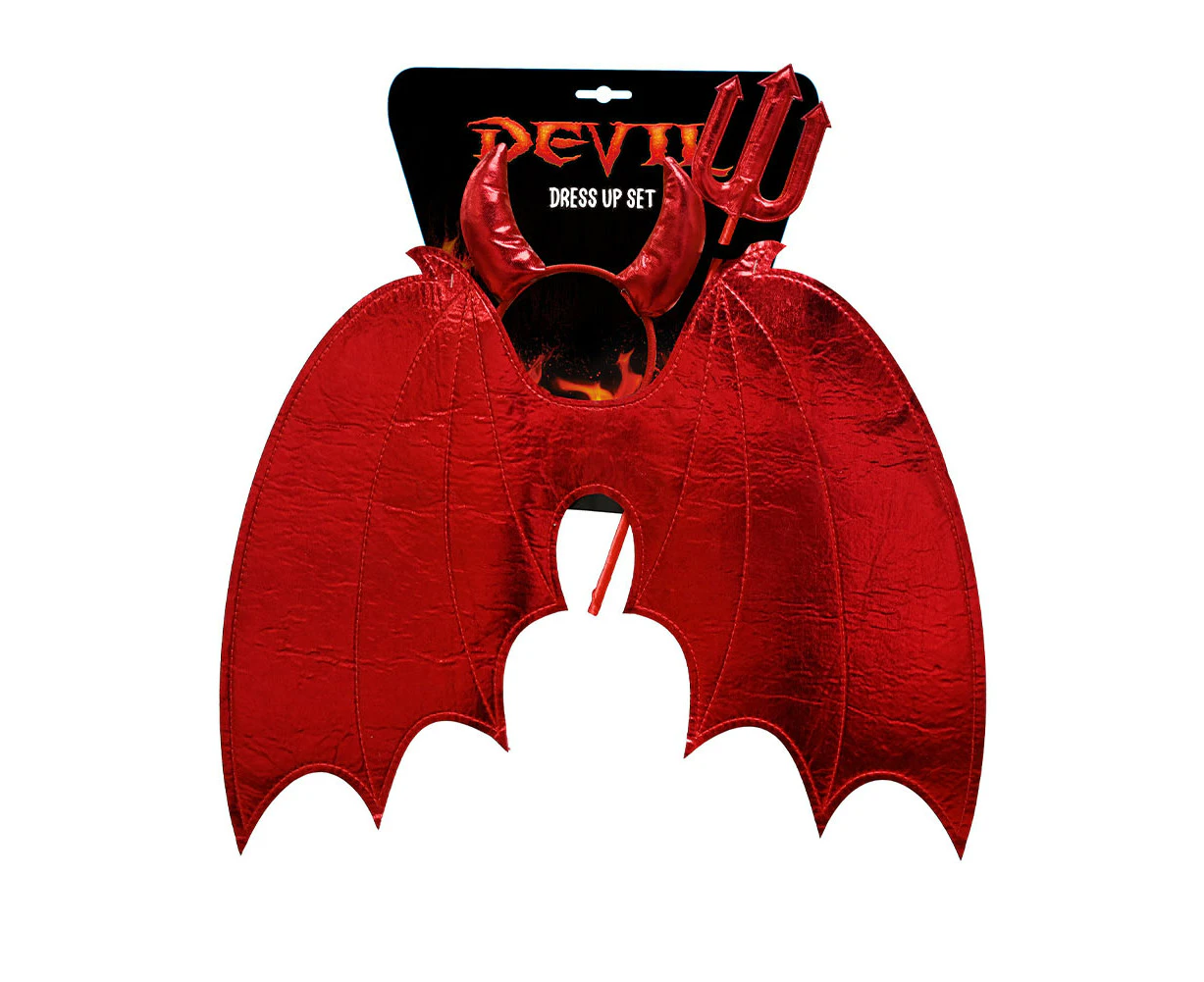 Red Devil Headband Pitchfork and Wings Kids Dress Up Set