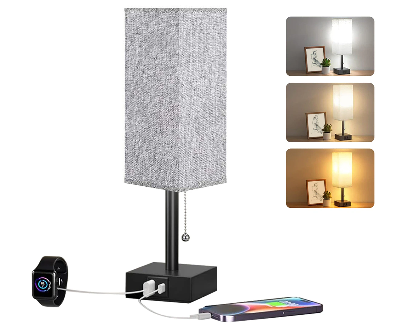 Clora Bedside lamp Bedroom Table Light Nightstand USB Charging 3 Color Mode Home Gray Lampshade