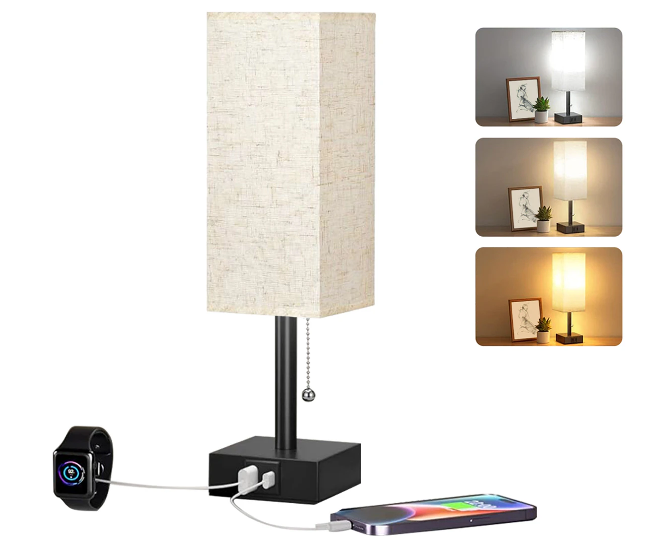 Clora Bedside lamp Bedroom Table Light Nightstand USB Charging 3 Color Mode Home Beige Lampshade