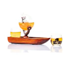 Don Vassie globe decanter set with 2 glasses and a boat shaped mahogany wooden base