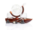 Don Vassie globe decanter set with 2 glasses and a boat shaped mahogany wooden base