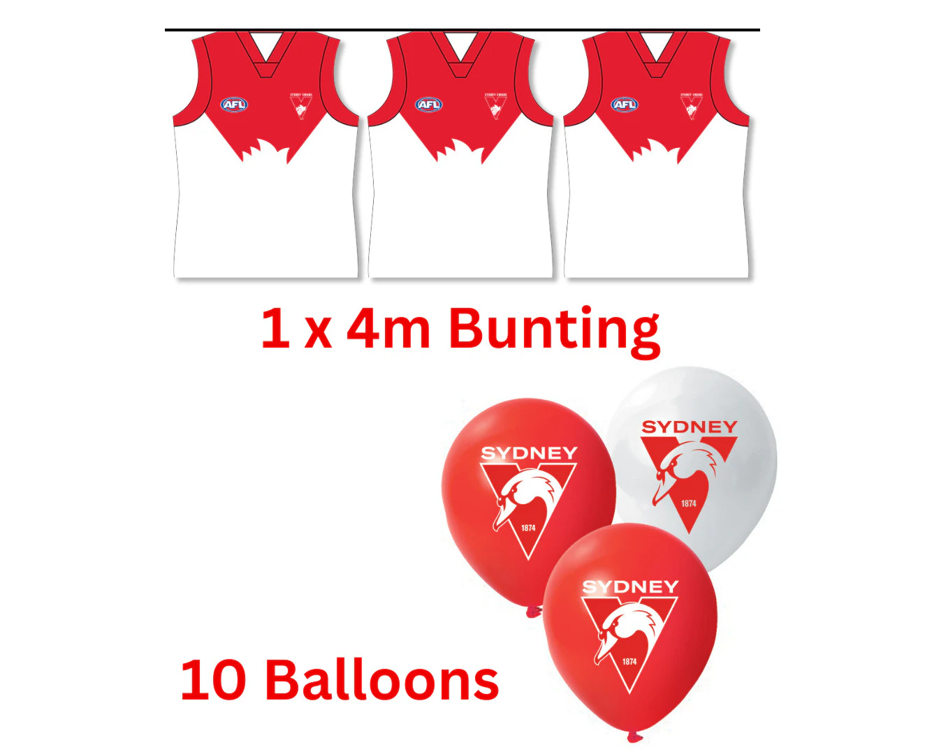 Sydney Swans AFL Bunting Flags 4m & 25 Balloons Birthday Party Pack