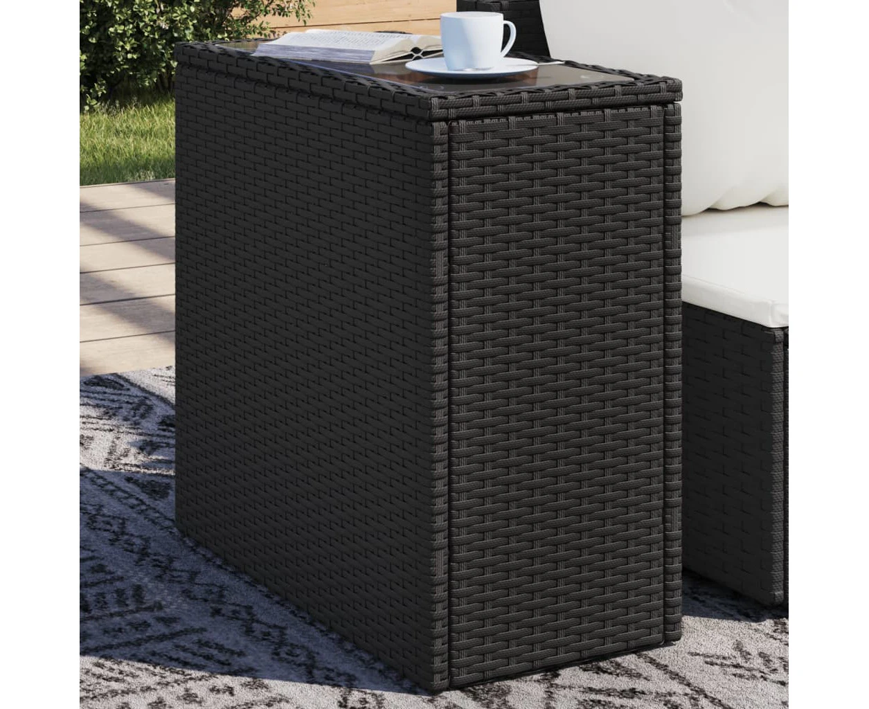 Garden Side Table with Glass Top Black 58x27.5x55 cm Poly Rattan