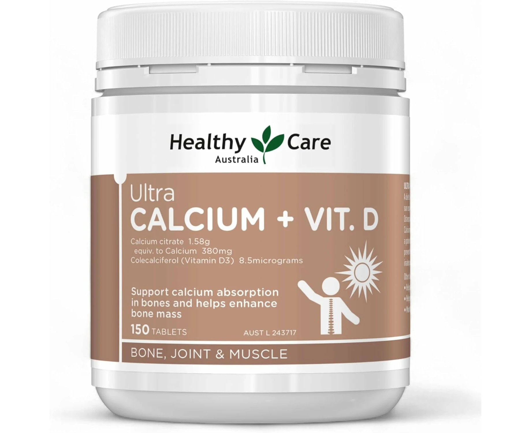 Healthy Care Ultra Calcium + Vitamin D - Provides Enhanced Bone Health and Strength - Premium Quality Dietary Supplement - 150 Tablets