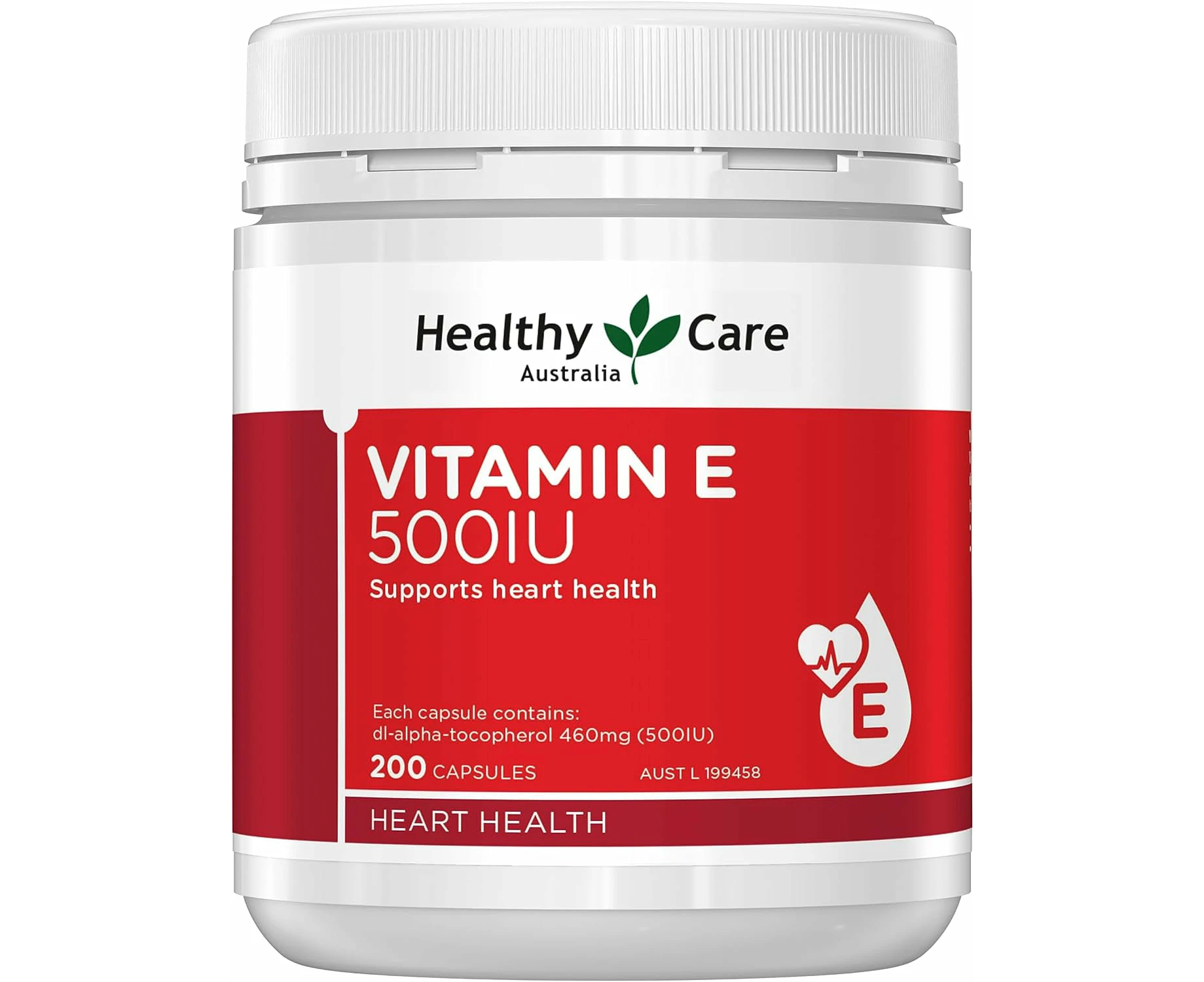 Healthy Care Vitamin E Capsule 500IU - Supports Heart Health and Provides Antioxidant Protection - Premium Quality Dietary Supplement - 200 Capsules