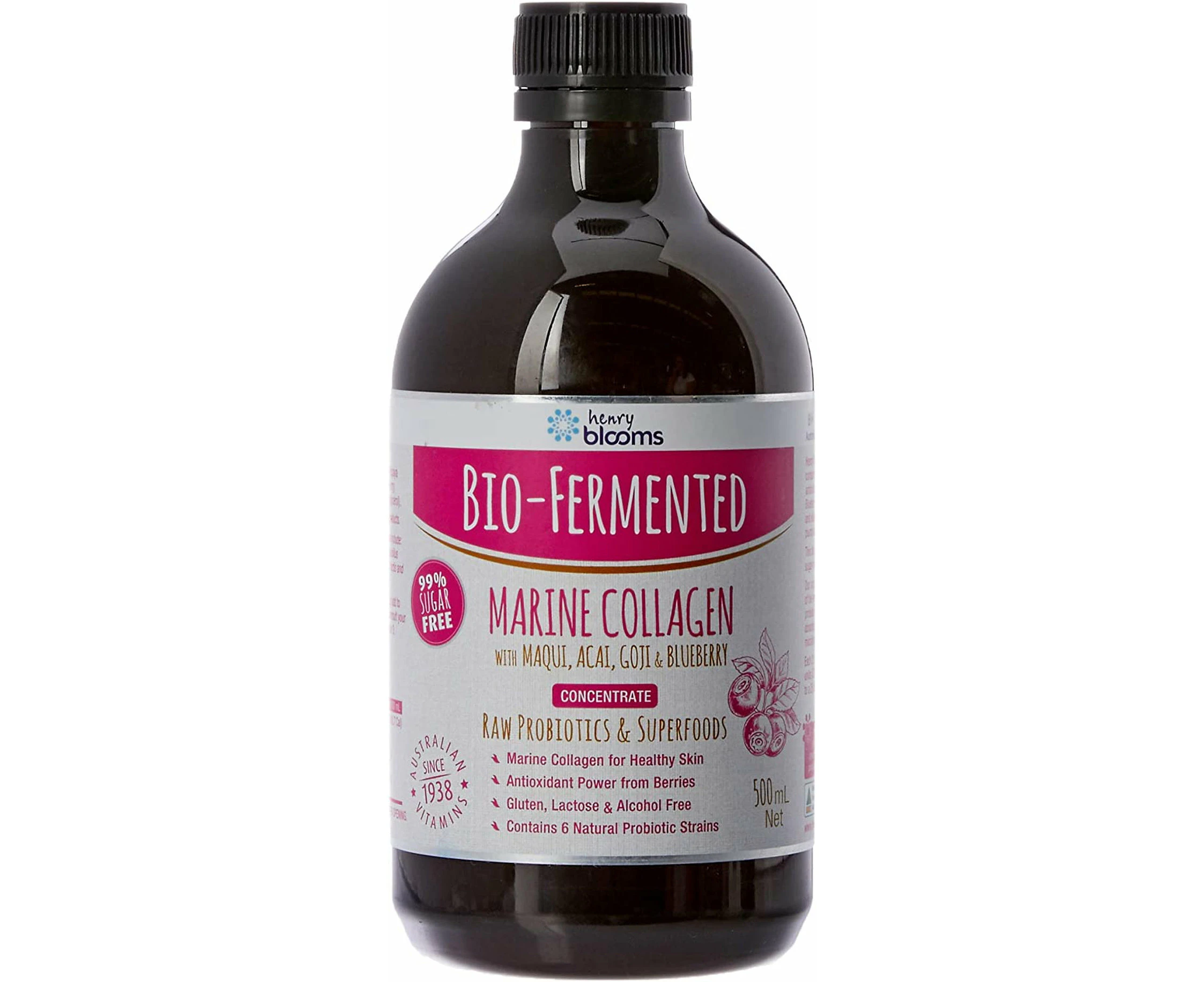 Henry Blooms Bio-Fermented Probiotic Marine Collagen with Maqui, Acai,goji and Blueberry Concentrate, 500ml