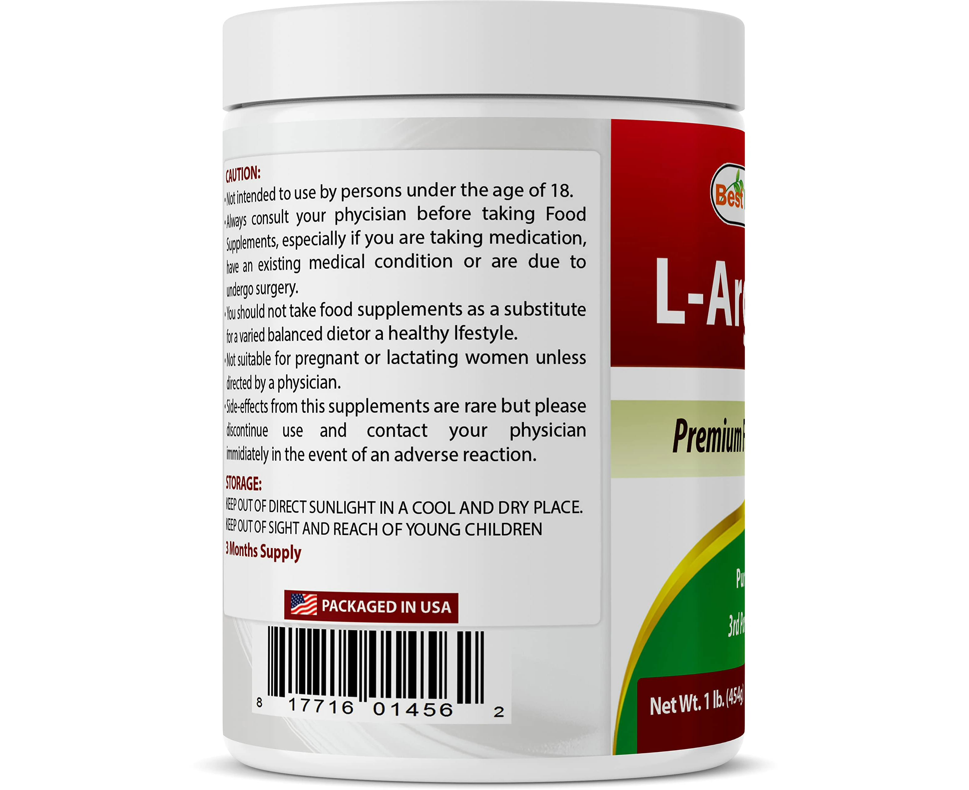 Best Naturals L-Arginine Powder 1 Pound - Pure Pharmaceutical Grade Free Form - Best Amino Acid Arginine Supplements for Women & Man - Promotes Circul