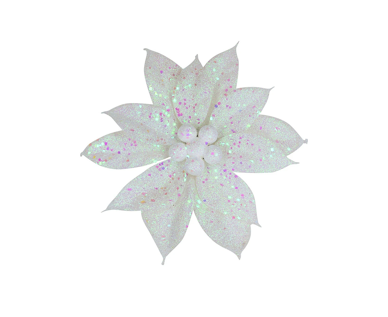 White Poinsettia With Iridescent Decor Christmas Flower Clip Pick - 19cm Wide