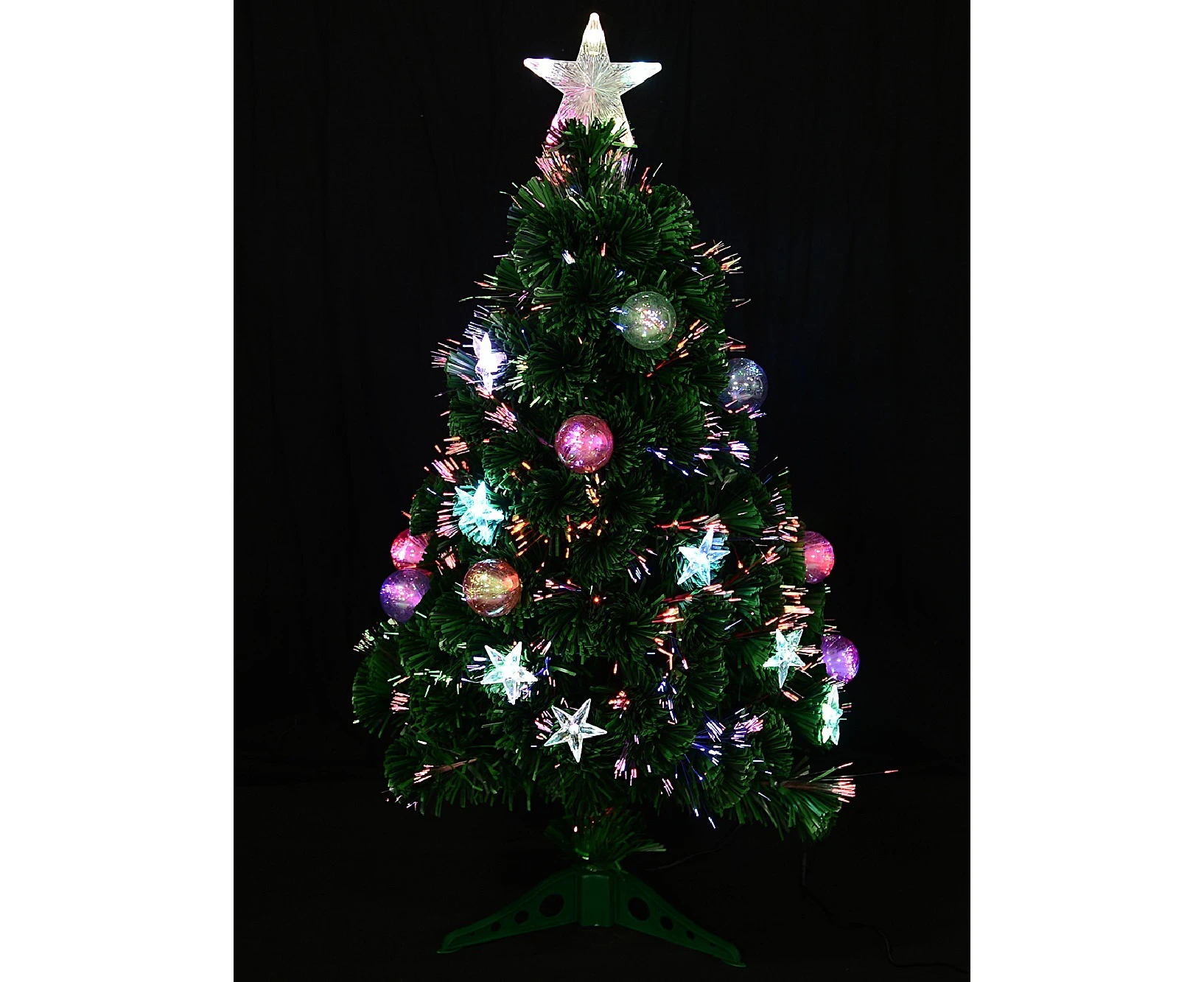 Multi Colour Fibre Optic Christmas Tree with Baubles, Stars & 90 Tips - 90cm