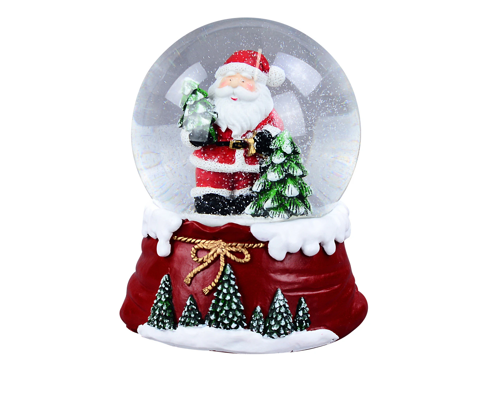 Santa & Pine Trees Wind Up Musical Waterball Snow Globe Ornament - 14cm