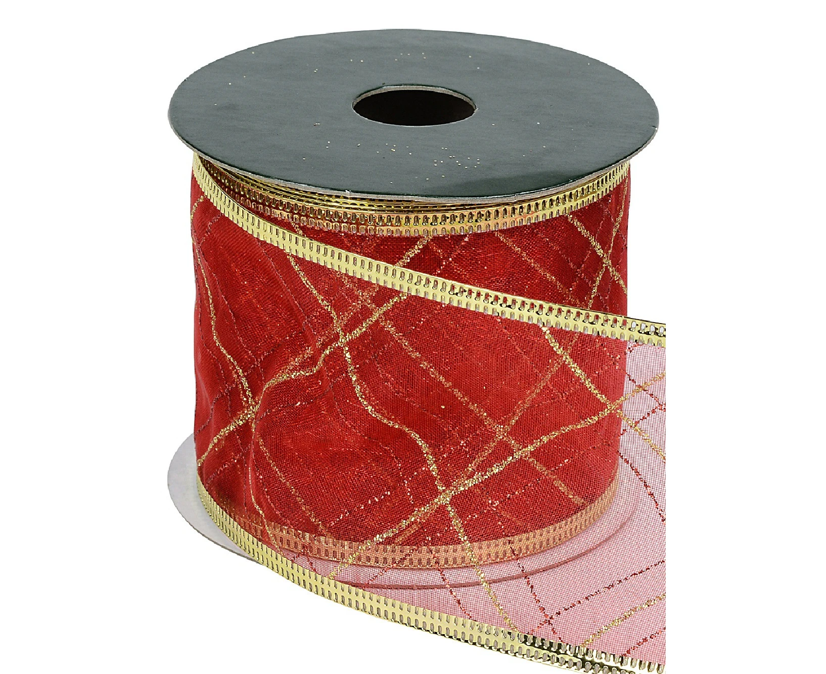 Red & Gold Plaid Pattern On Red Sheer Wide Cut Christmas Craft Ribbon - 3m