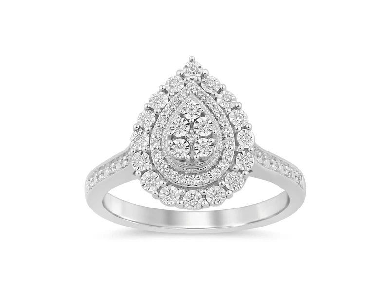 Bevilles Jewellers Pear Halo Ring with 0.15ct of Diamonds in Sterling Silver