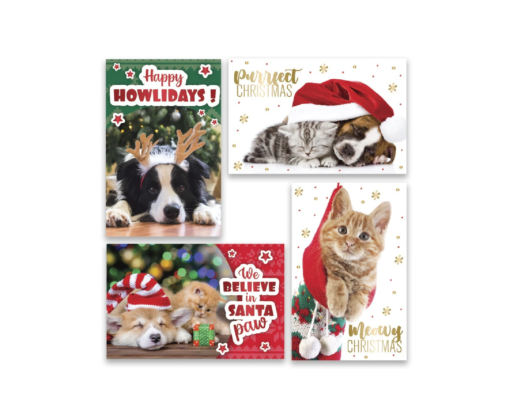 Cats & Dogs Design With Metallic Text Christmas Greeting Cards - 10 x 175mm