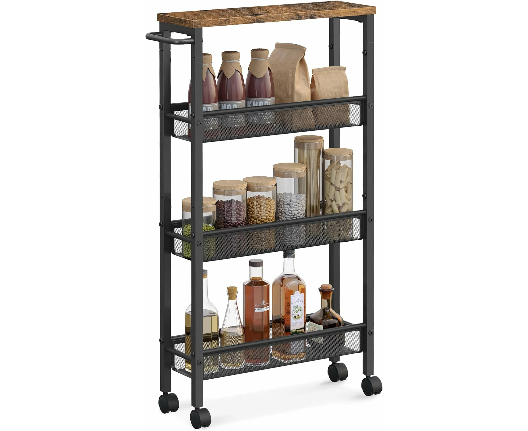 VASAGLE Slim Rolling Cart, 4-Tier Storage Cart, Narrow Cart with Handle, 5.1 Inches Deep, Metal Frame, for Kitchen, Dining Room, Living Room, Home