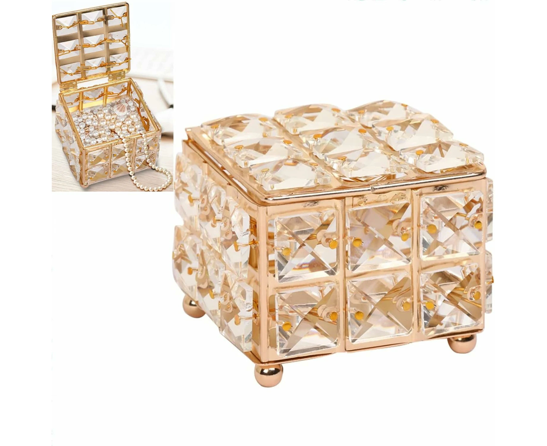 Crystal Cosmetic Storage Container, Crystal Cosmetic Box, Cosmetic Makeup Organiser, Small Cosmetic Box with Lid for Dressing Table, Bathroom (Golde