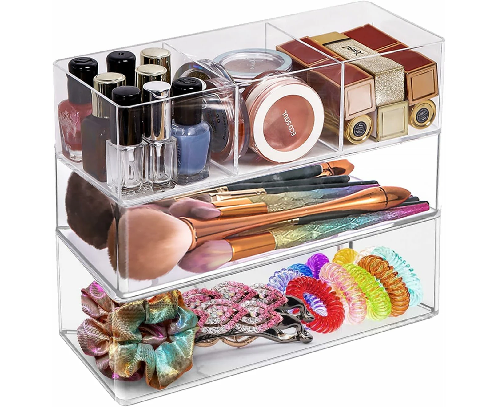 Pack of 3 Cosmetic Organiser, Transparent Makeup Organiser, Removable Cosmetic Organiser Drawer, Storage Transparent Box for Cosmetics such as Eyesh