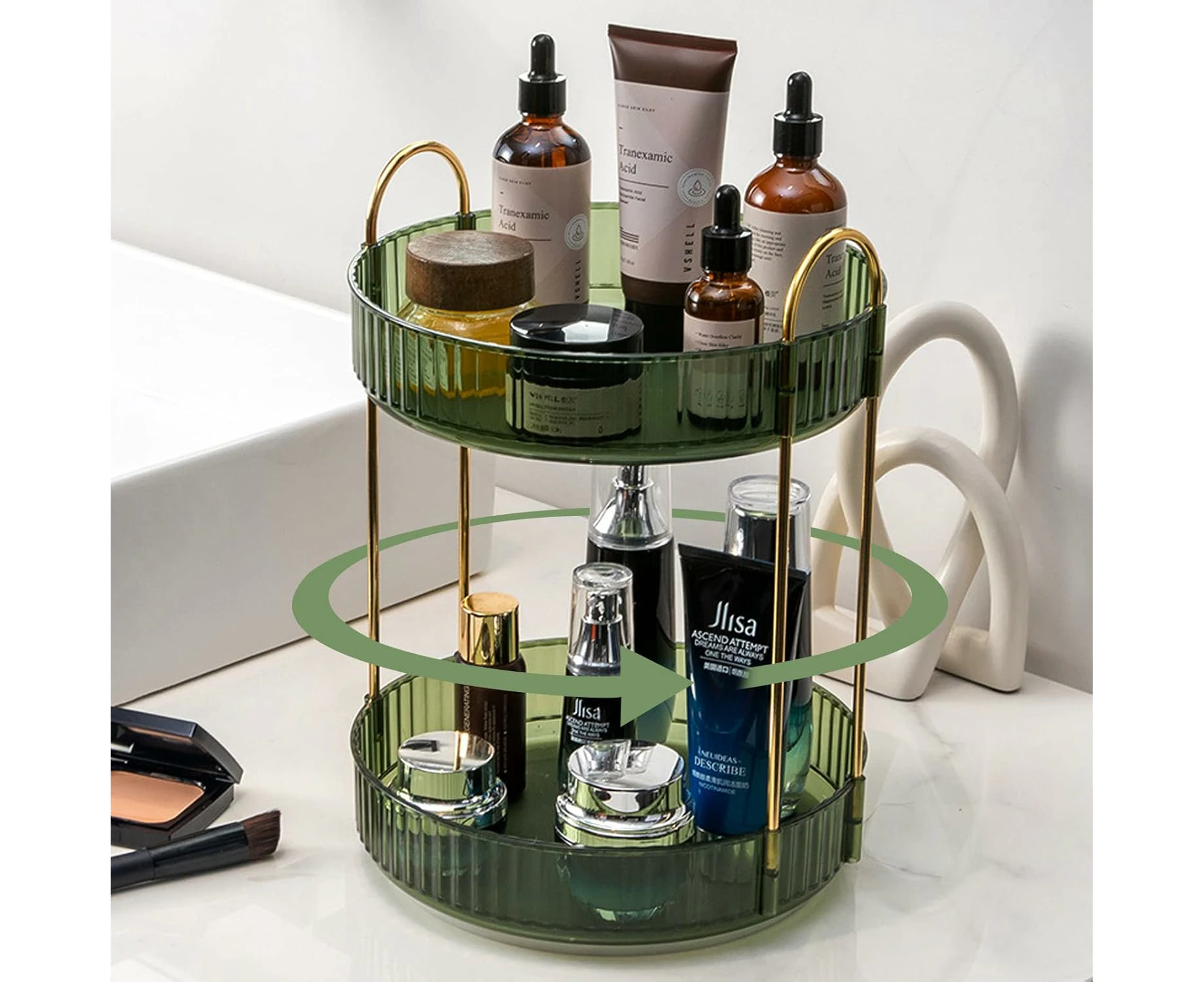 Rotating Makeup Organizer for Vanity 2 Tier, High-Capacity Skincare Clear Make Up Storage Perfume Organizers Cosmetic Dresser Organizer Countertop 3