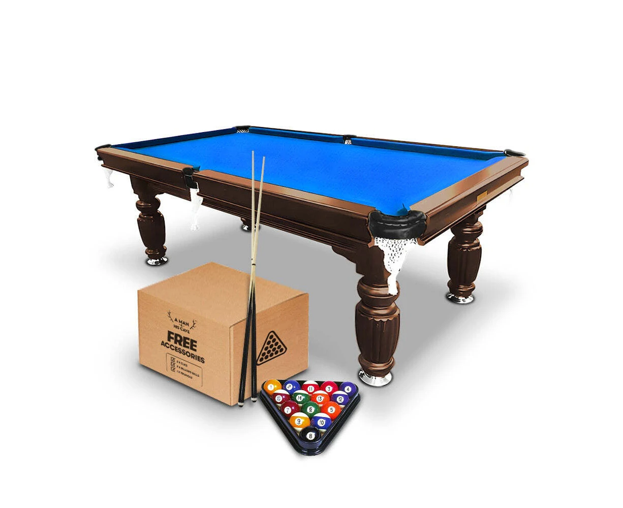 A Man & His Cave Classic 8ft Slate Pool/Billiards Table/Balls Walnut/Blue Felt