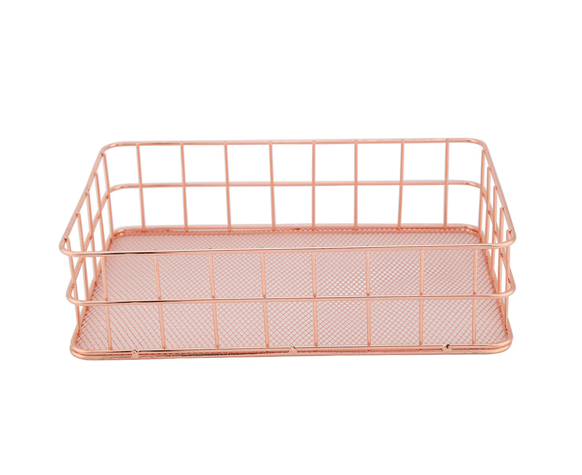 Rose Gold Iron Storage Baskets: Decorative Rack for Cosmetics and Office Supplies.