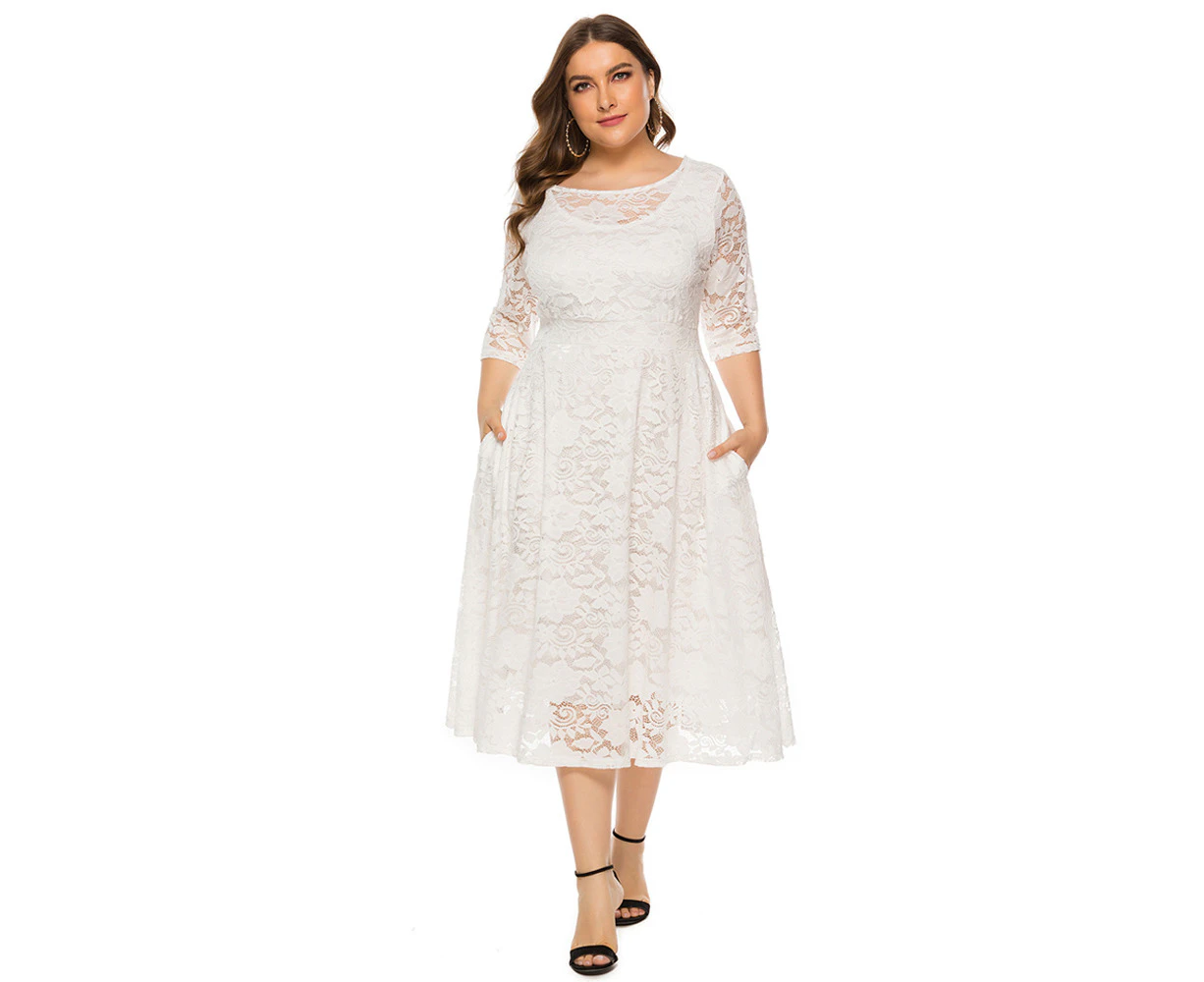 Women'S Plus Size Evening Dress,Vintage Floral Lace 2/3 Sleeve Medium Length Skirt, Hollowed-Out Lace Pocket Dress（White）,5Xl