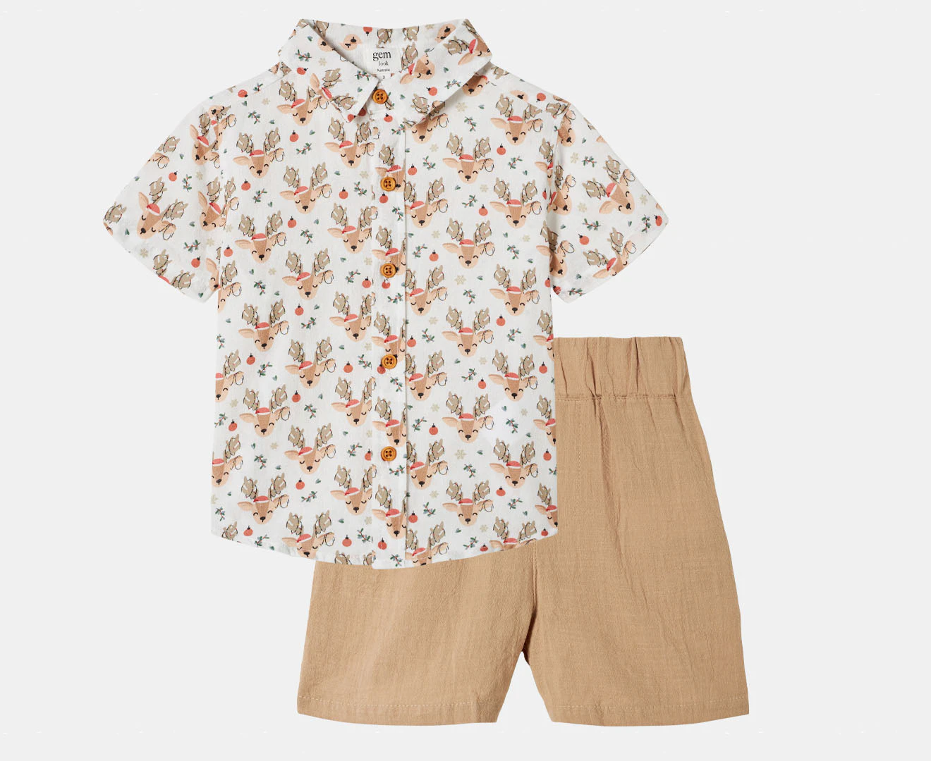 Gem Look Boys' Christmas Reindeer Woven Shirt & Shorts Set - White/Brown