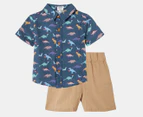 Gem Look Boys' Christmas Dino Woven Shirt & Shorts Set - Dark Blue/Brown