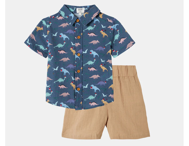 Gem Look Boys' Christmas Dino Woven Shirt & Shorts Set - Dark Blue/Brown