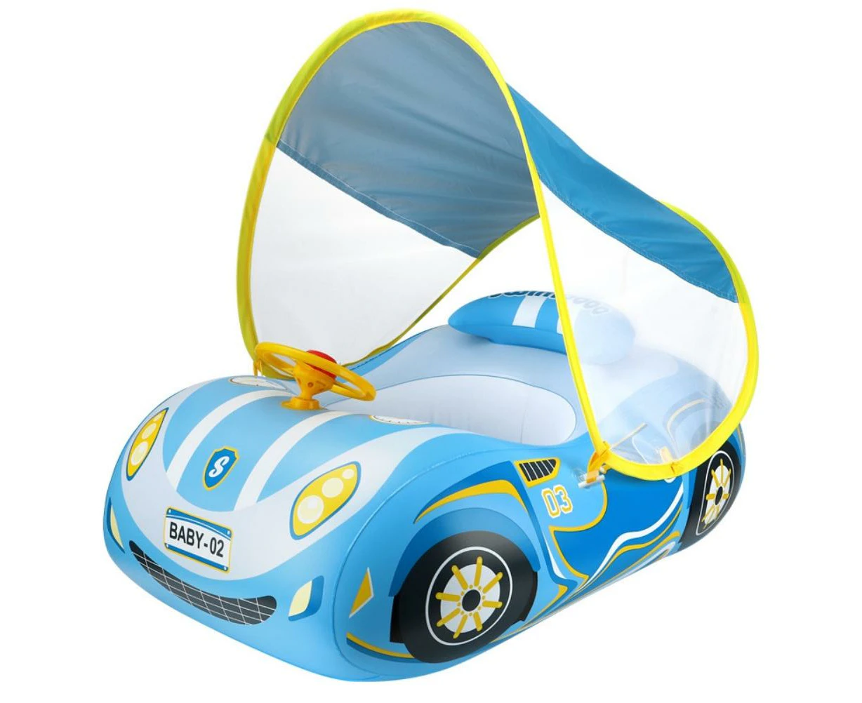 Baby Inflatable Pool Float With Canopy Car Shaped Baby Swim Float With Safty Seat Steering Wheel Horn For Infant Summer Beach Outdoor Play