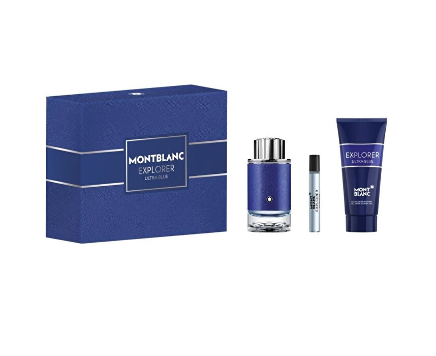 Mont Blanc Explorer Ultra Blue 3pc Set  EDP & Shower Gel Travel Spray 7.5ml 100ml