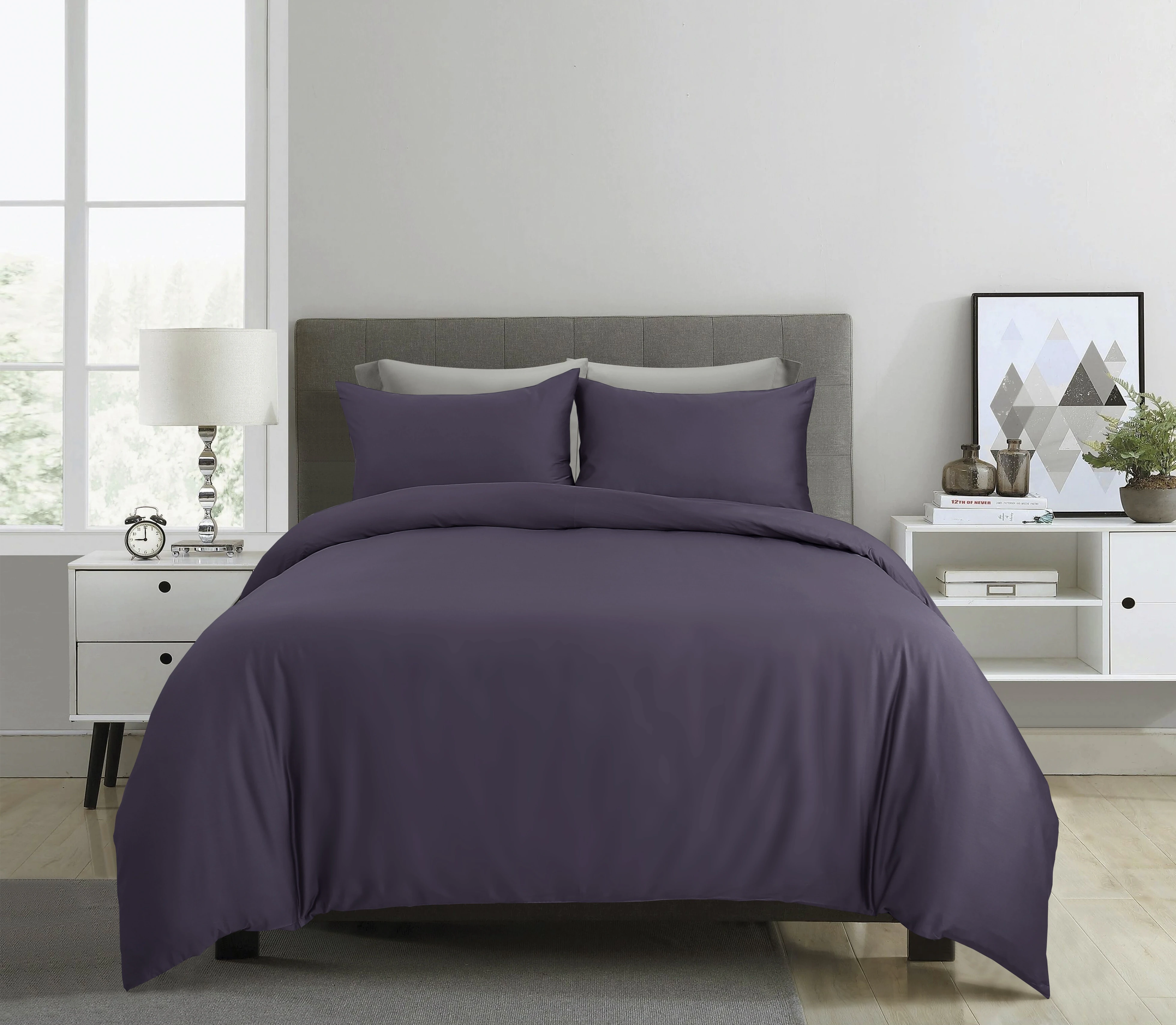 RAGA 100% Cotton Quilt Cover Set (375 Thread Count), Super Soft with Sateen Weave, 3 Pieces Doona Cover Set, Solid Plain Dark Purple Color