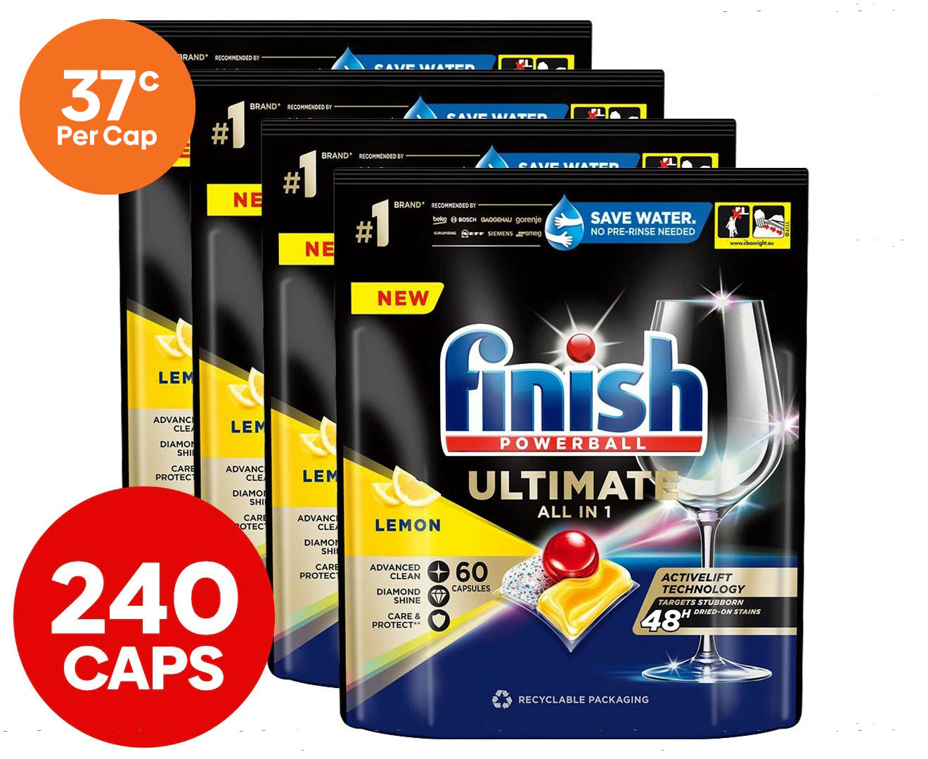 4 x 60pk Finish Powerball Ultimate All in 1 Dishwashing Caps Lemon