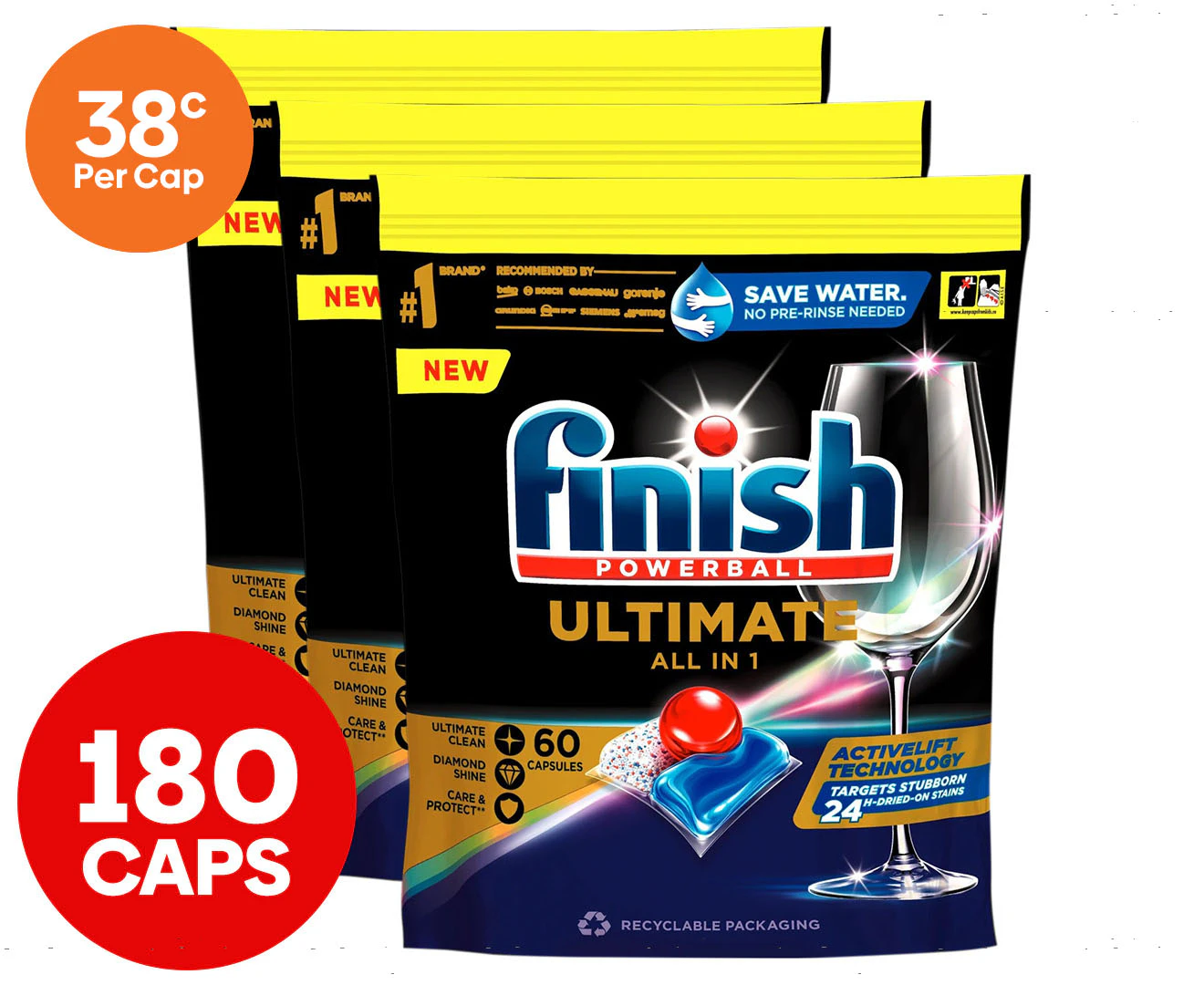 3 x 60pk Finish Powerball Ultimate All in 1 Dishwashing Caps