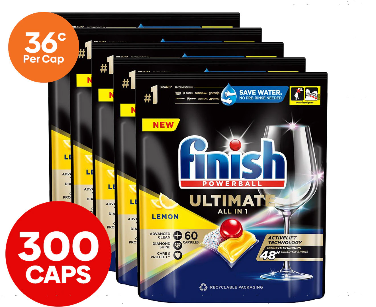 5 x 60pk Finish Powerball Ultimate All in 1 Dishwashing Caps Lemon