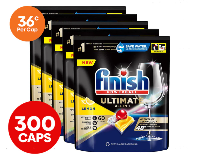 5 x 60pk Finish Powerball Ultimate All in 1 Dishwashing Caps Lemon