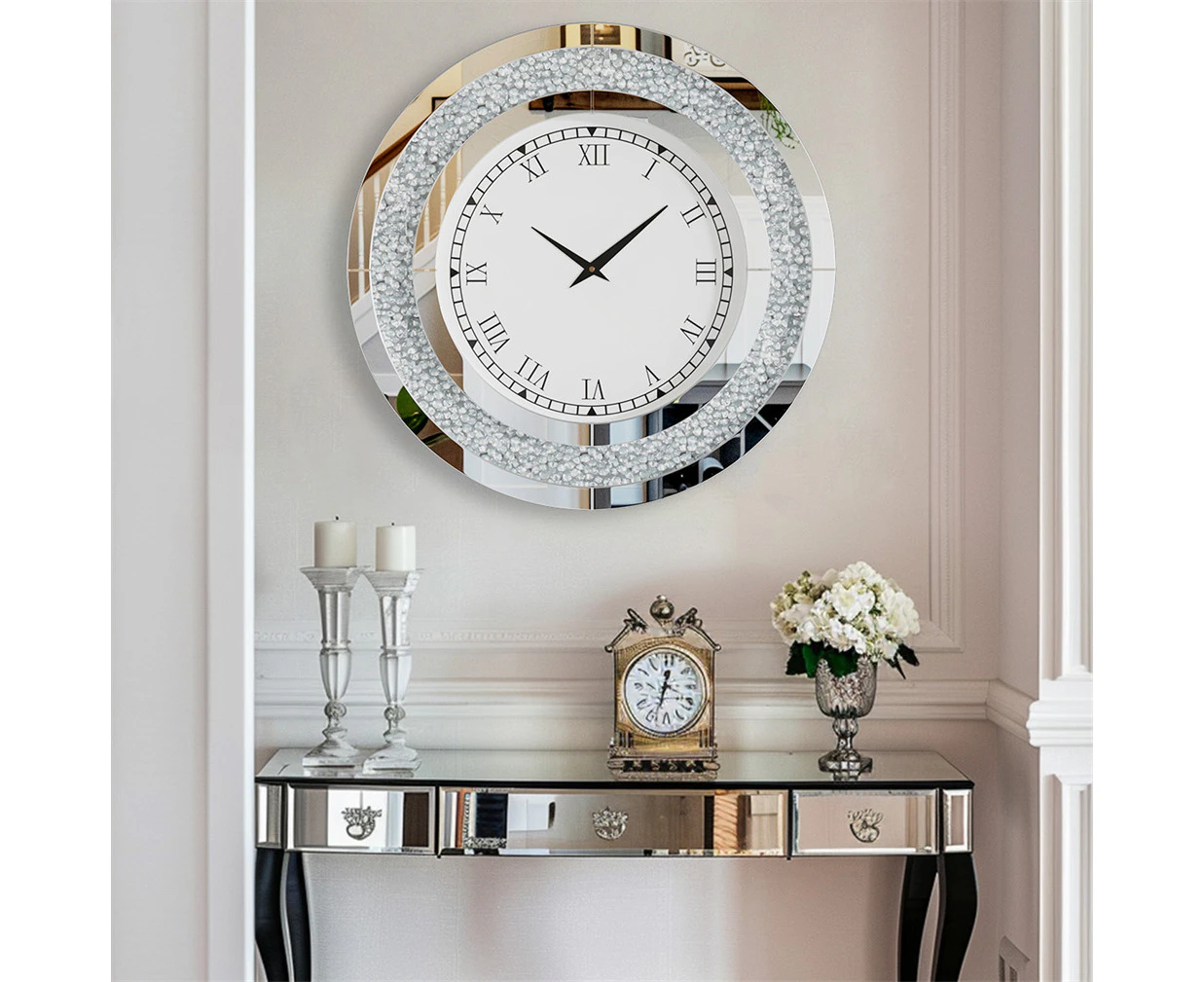 Bling Crushed Diamond Wall Clock Kitchen Living Room Entryway Bedroom Clock 60CM Round