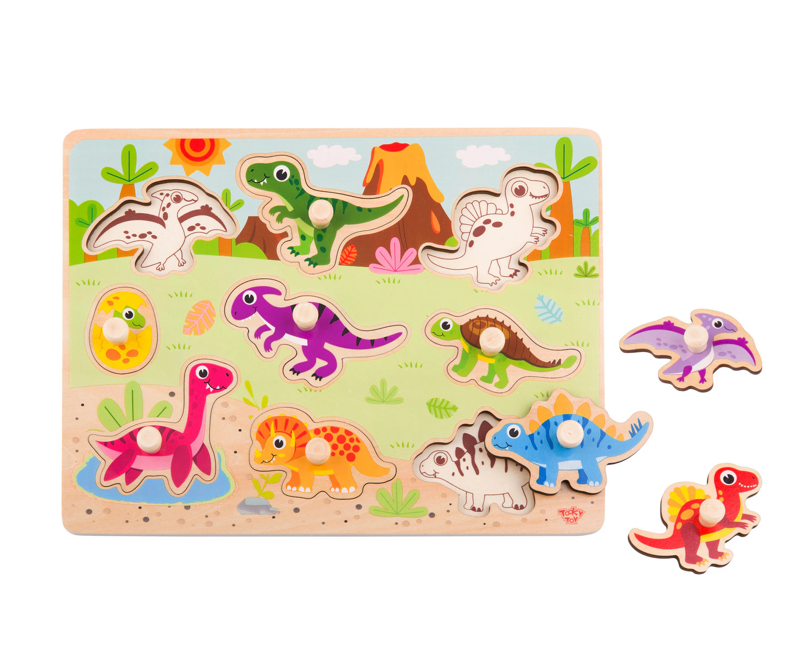 Tooky Toy Wooden Dinosaur Peg Kids/Toddler Learning Play 30cm Puzzle Board 18m+