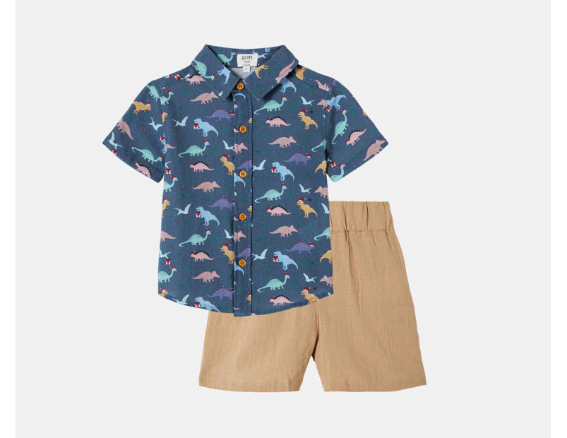 Gem Look Baby Boys' Christmas Dino Woven Shirt & Shorts Set - Dark Blue/Brown