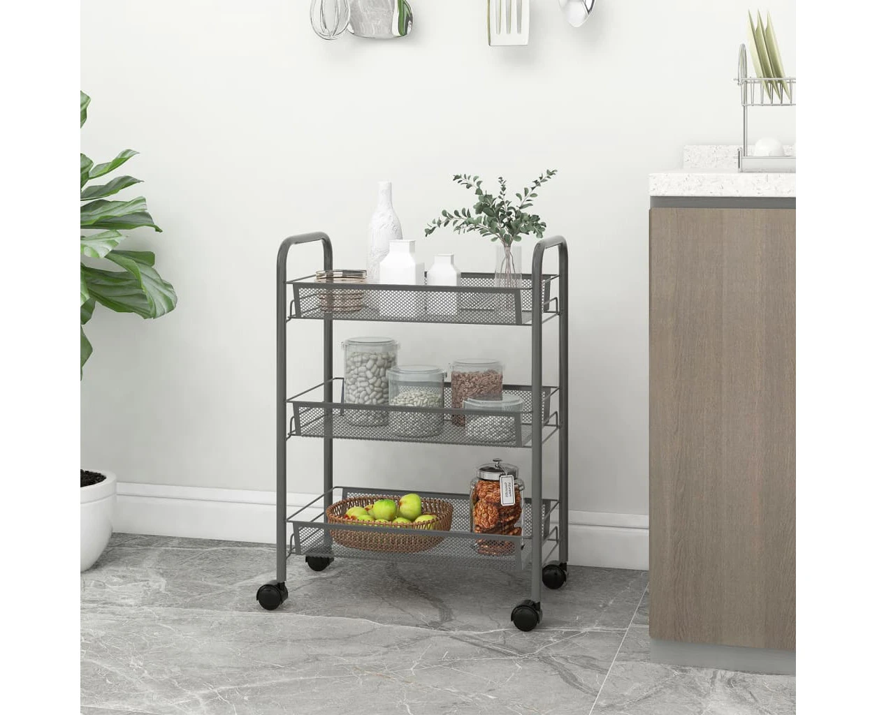 vidaXL 3-Tier Kitchen Trolley Grey 46x26x64 cm Iron