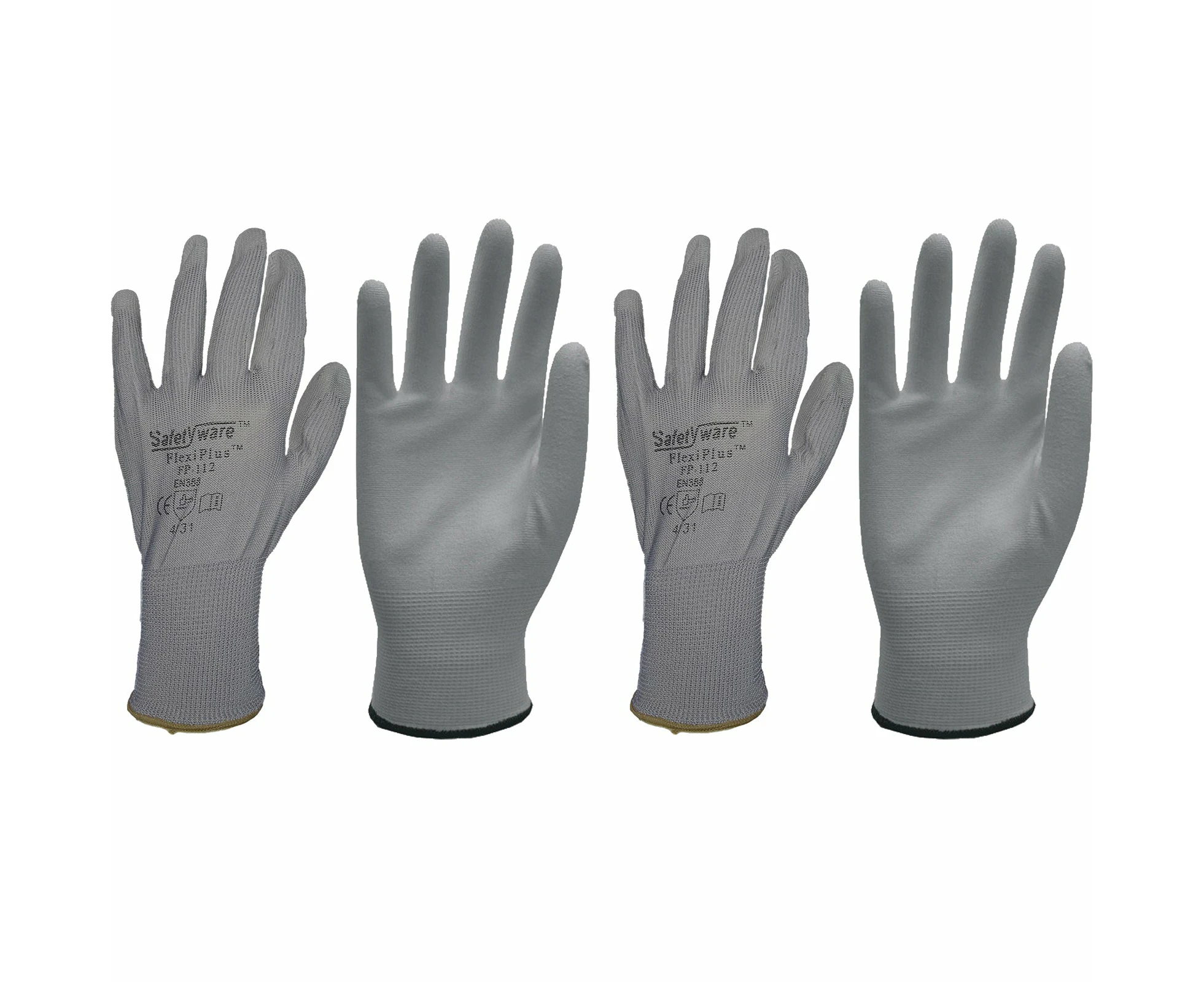 2 Pair Safetyware Flexiplus PU Coated Work Safety Gloves for Gardening Mechanic Construction General Purpose Driver - Grey