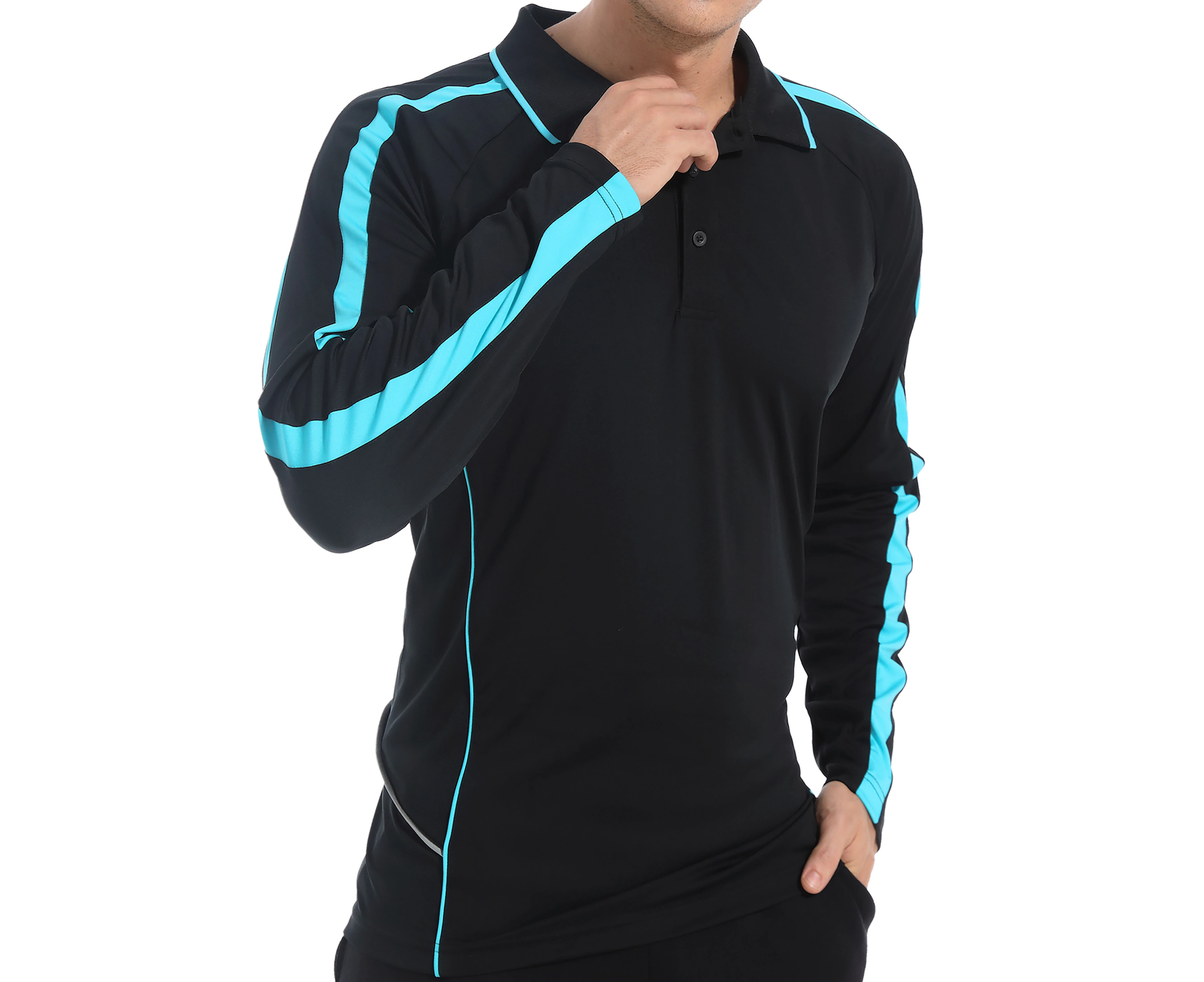 Active Polo Shirts Contrast Panel Best Cool Dry Fabric Air Mesh Long Sleeve - Black Aqua