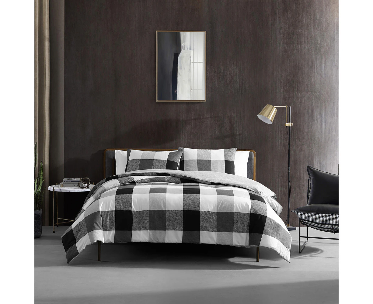 Kenneth Cole Prospect Plaid Queen Quilt Cover Set Cotton Bedding Black/White