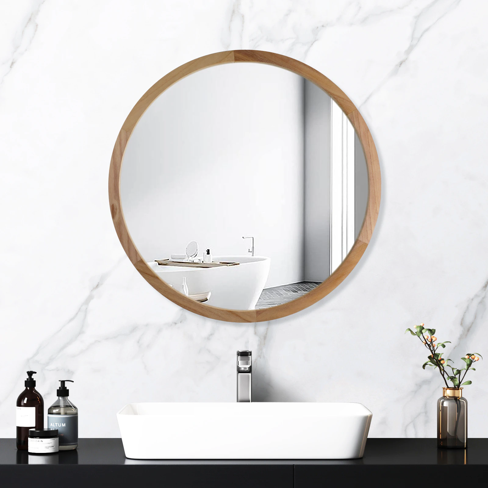 600/800mm Wooden Frame Wall Mirror Round Makeup Vanity Mirror Bathroom Home Decor