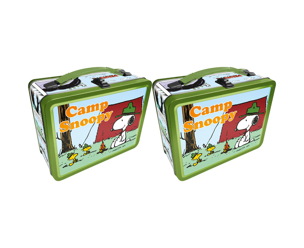 2PK Aquarius Tin Carry All Peanuts Beagle Scout Fun Box Lunchbox w/Handle Square