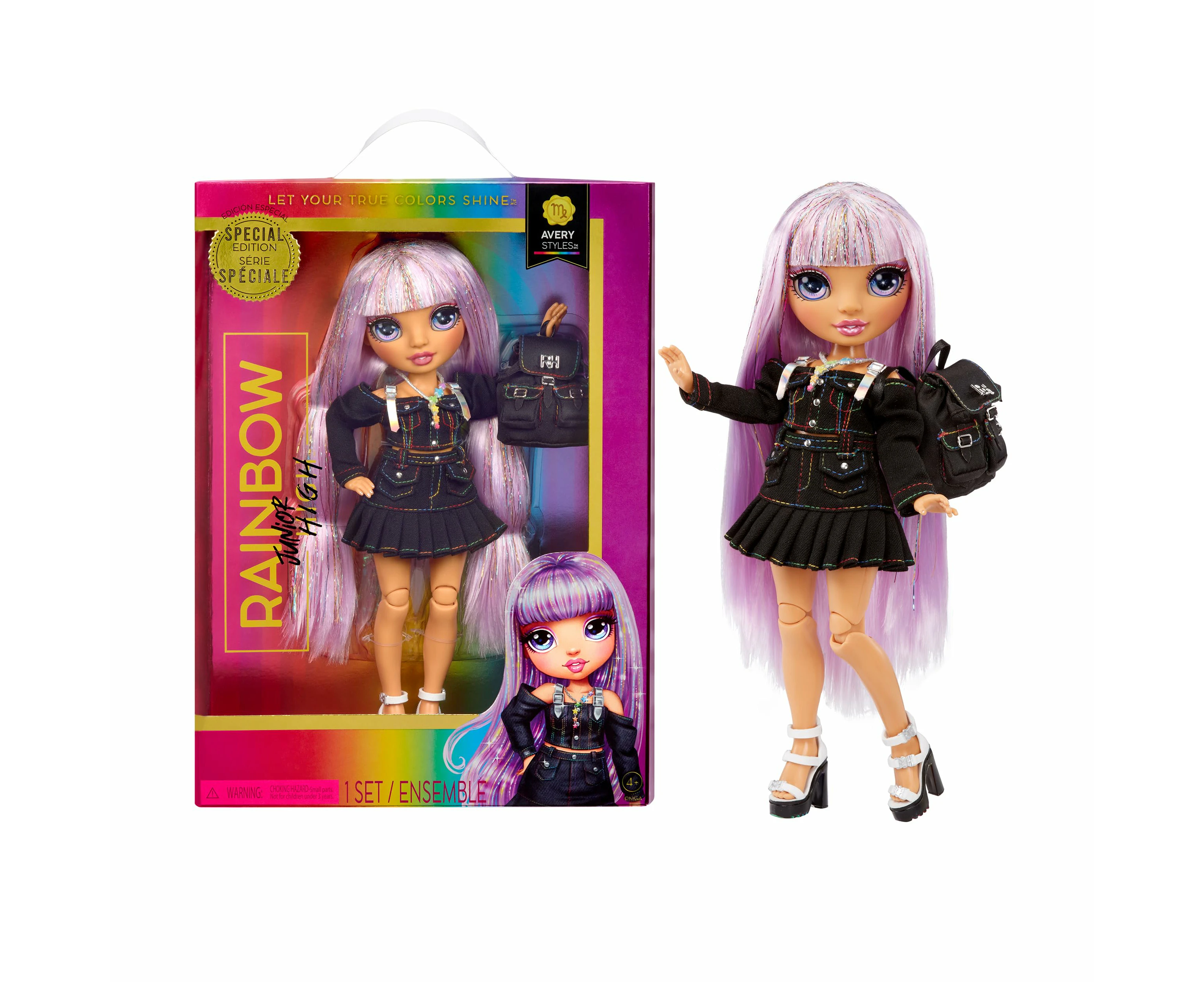 Rainbow High Special Edition - AVERY STYLES - 9''/22.86cm Rainbow Shimmer Hair Posable Fashion Doll with Accessories and Open/Close Soft Backpack - Great T